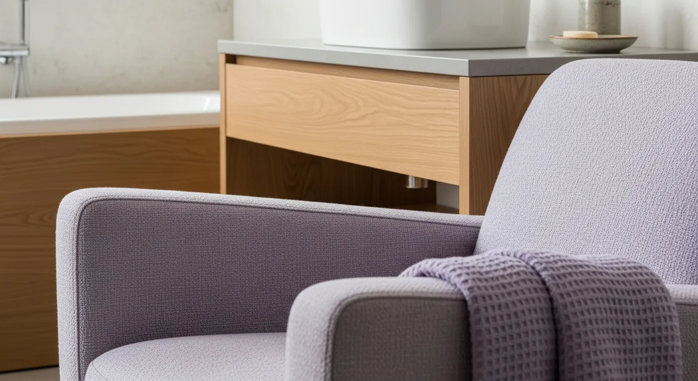 Modern Japandi bathroom ideas featuring light wood floating vanity and lavender walls