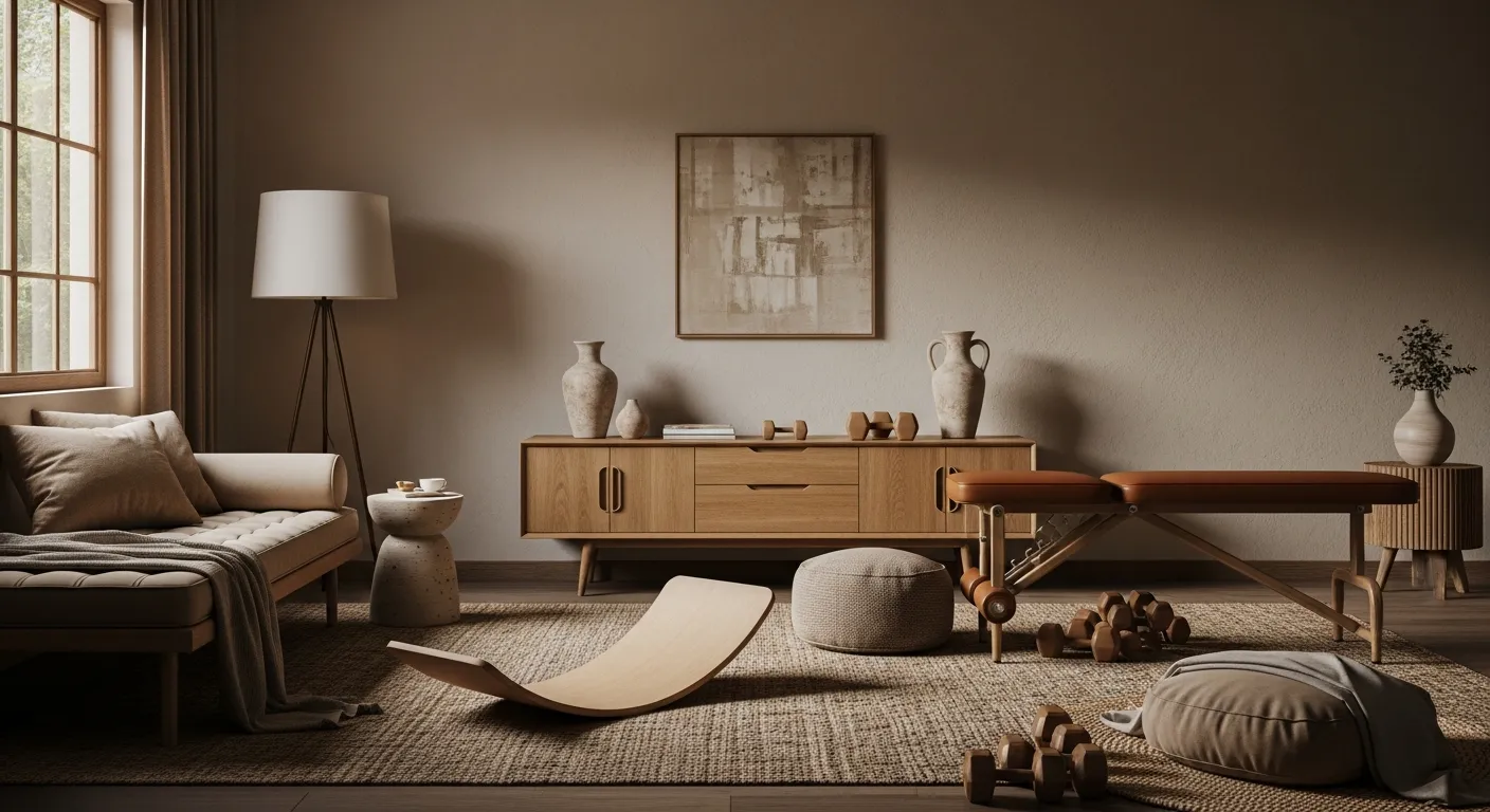 Color palette inspiration featuring beige and wood for Mid-Century Modern Home Gym ideas