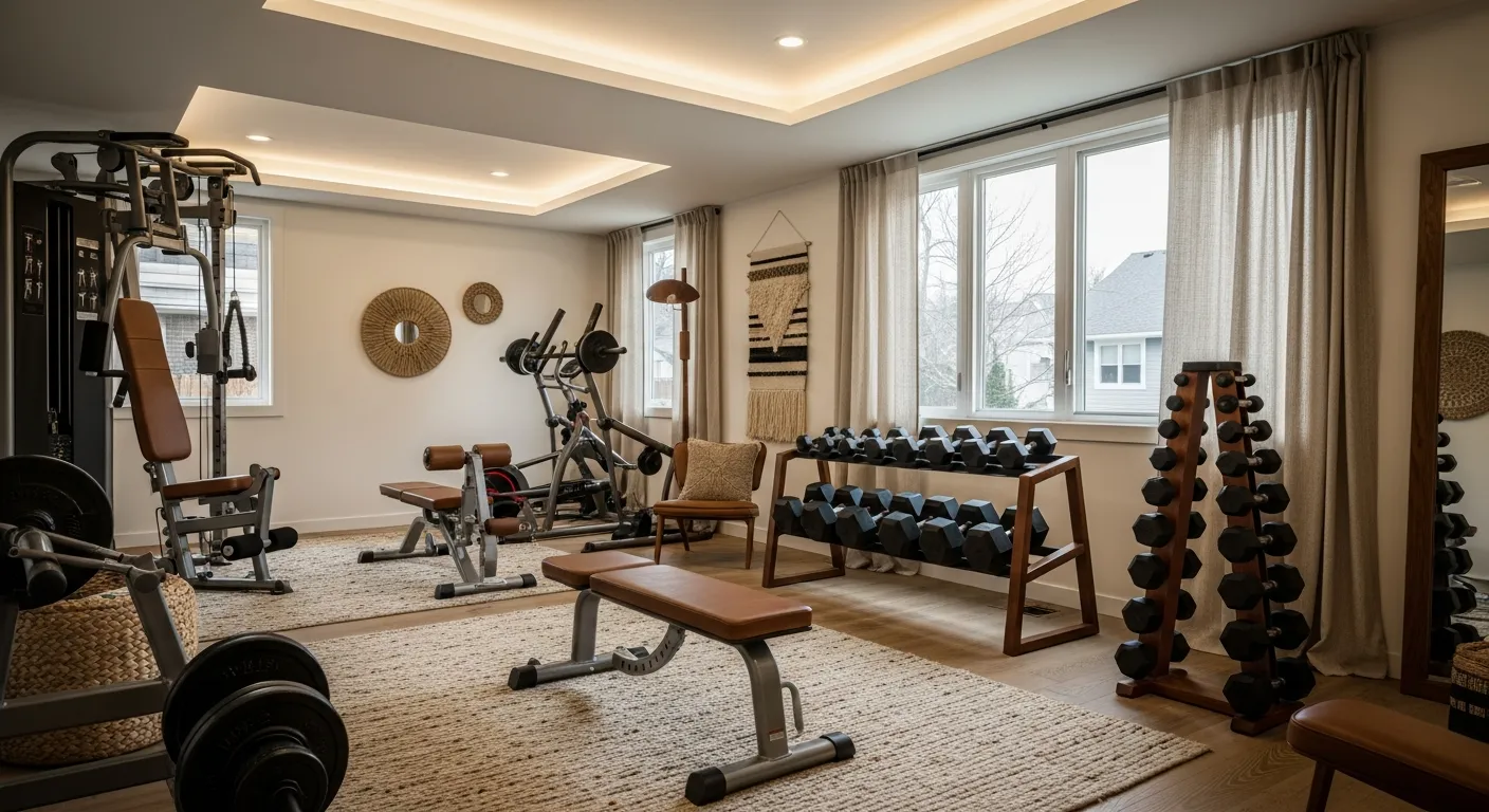 Finished room showcasing implemented Mid-Century Modern Home Gym ideas