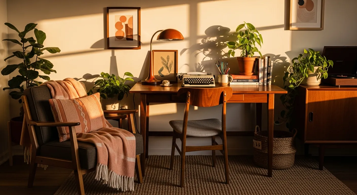 Styling tips for Mid-Century Modern Home Office ideas featuring teak and plants