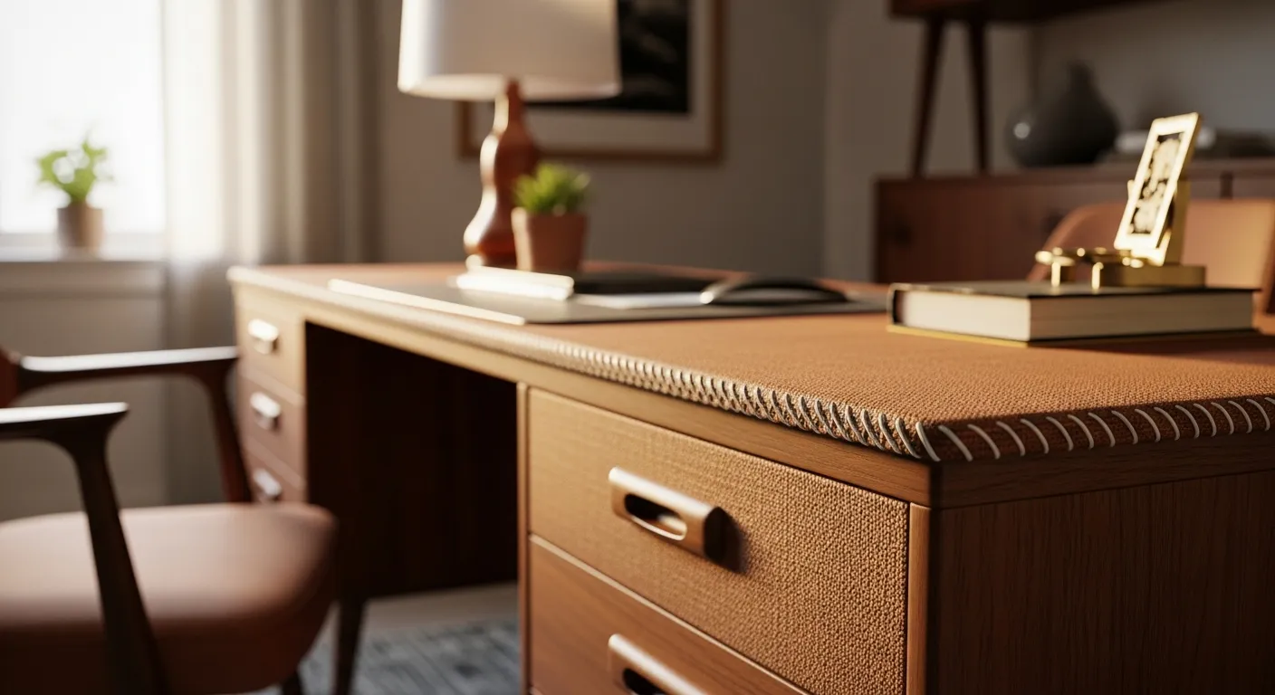 Essential furniture for Mid-Century Modern Home Office ideas including a walnut desk and stunning copper decor accents