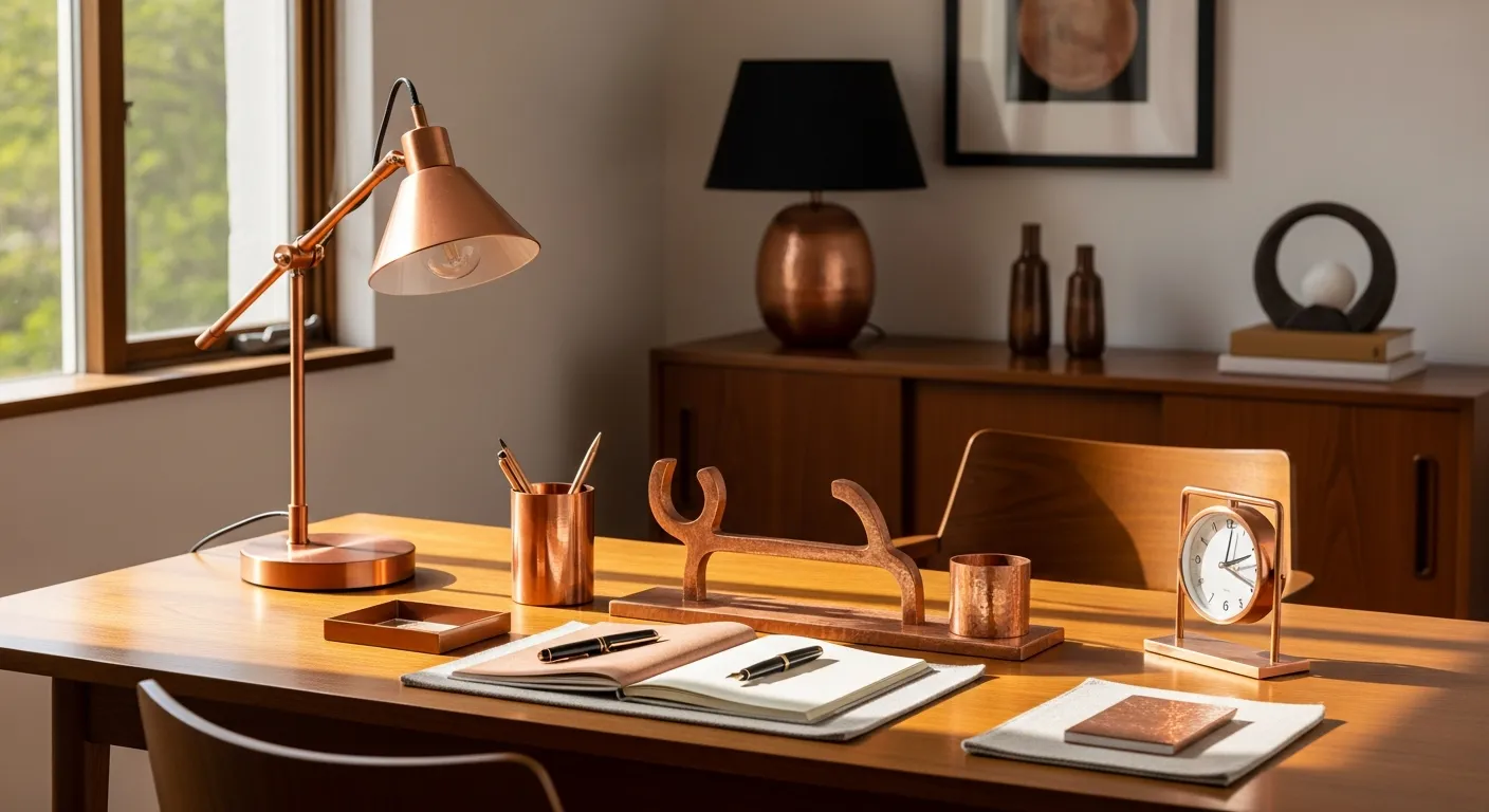 Color palette inspiration for Mid-Century Modern Home Office ideas with walnut wood and stylish copper decor