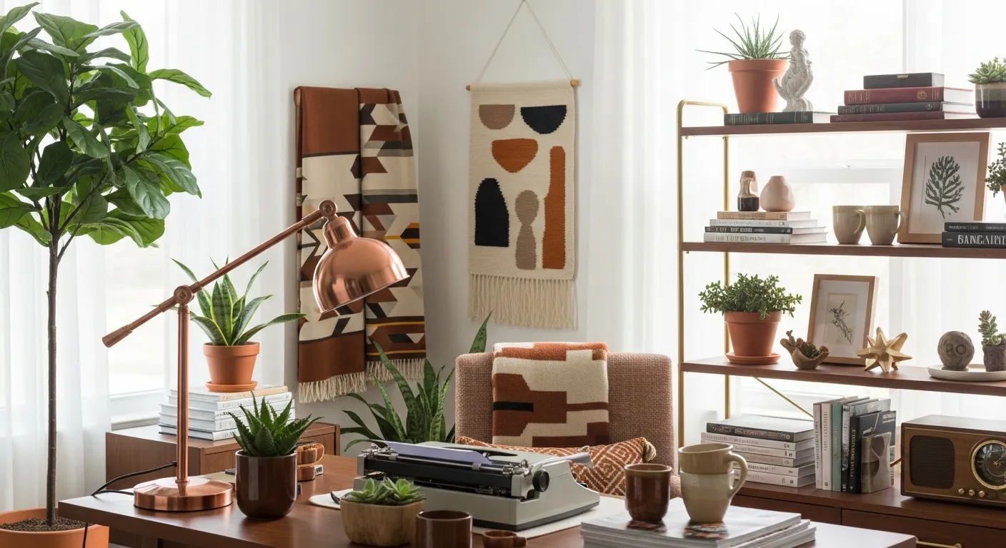Styling tips for Mid-Century Modern Home Office ideas showing metallic copper decor and warm wood textures