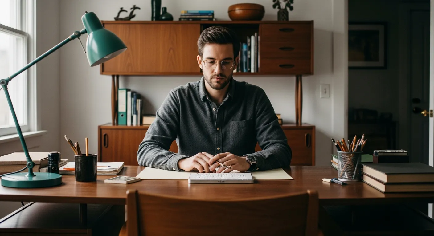 Recreating the look with a sleek walnut desk and copper lamp for Mid-Century Modern Home Office ideas