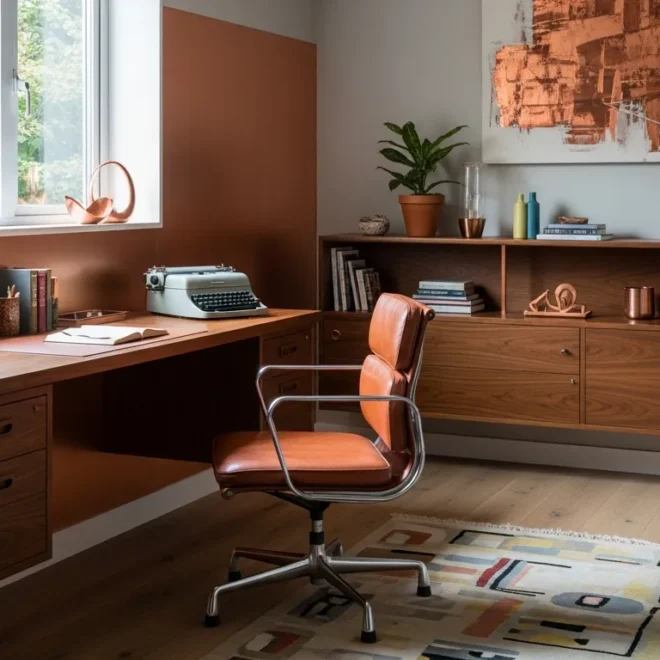 Mid-century modern desk setup featuring a sleek copper lamp and warm wood textures