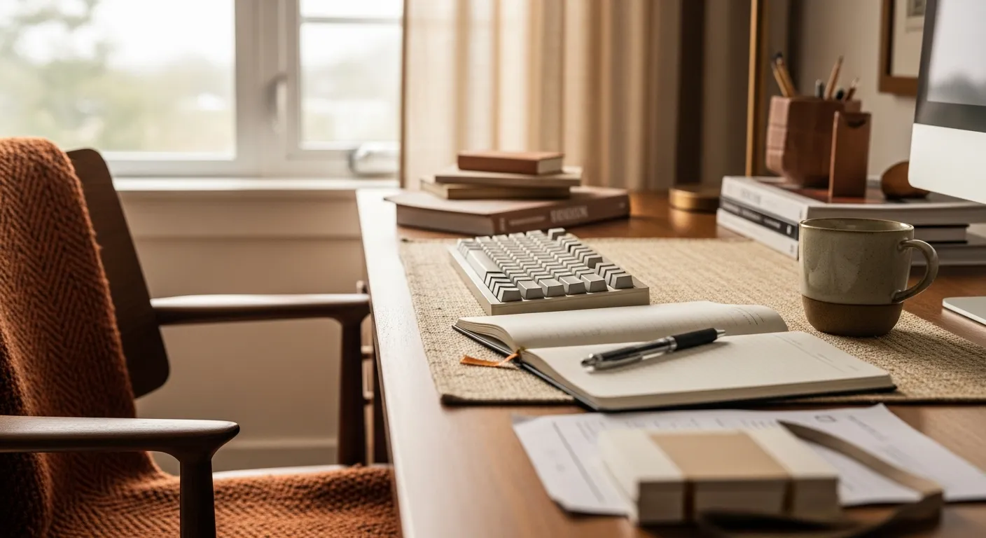 Curated decor details for Mid-Century Modern Home Office ideas featuring walnut and copper