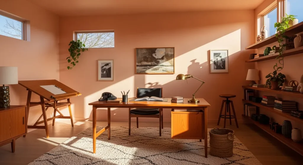Mid-century modern home office featuring a wooden desk and creamy peach wall paint