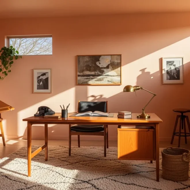 Mid-century modern home office featuring a wooden desk and creamy peach wall paint
