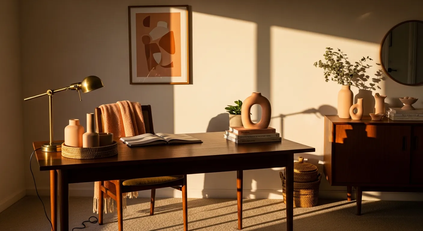 Color combination inspiration for Mid-Century Modern Home Office ideas with peach walls