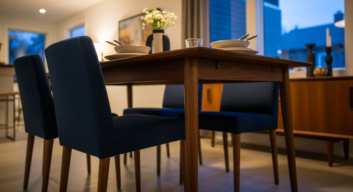 Lighting ideas for navy blue dining room with mid-century modern furniture