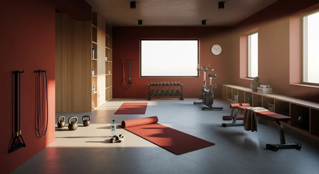 Sleek minimalist home gym featuring deep red walls and modern black equipment