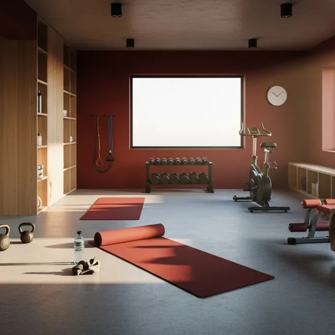 Sleek minimalist home gym featuring deep red walls and modern black equipment