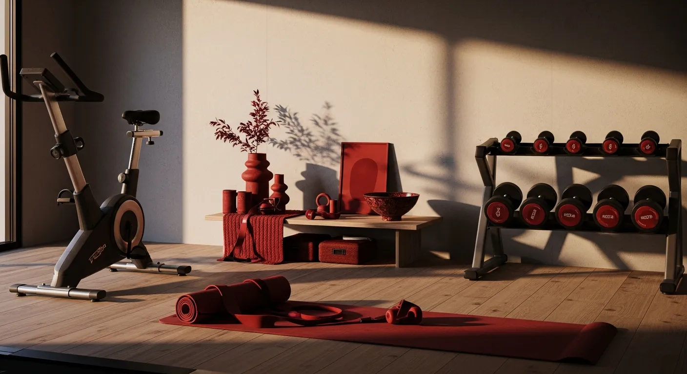 Color palette for minimalist home gym ideas featuring monochromatic red and black