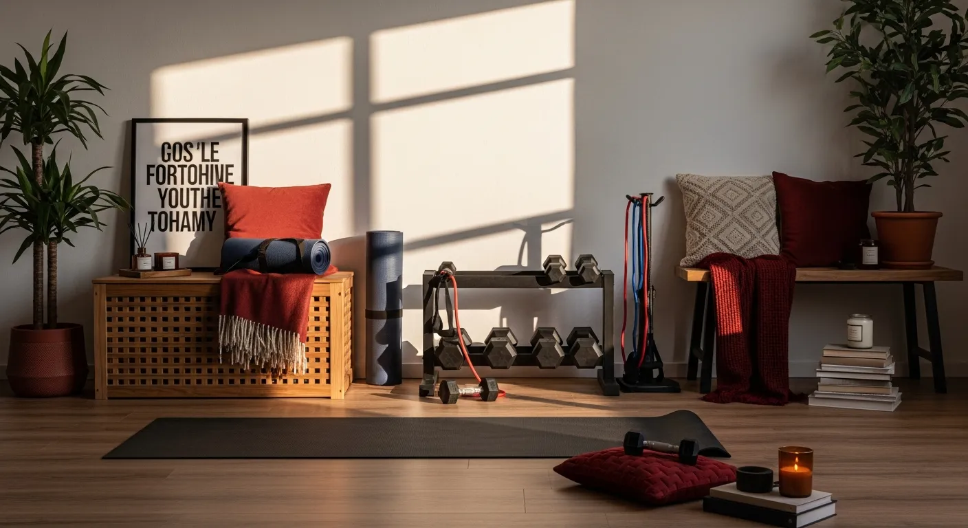 Styling tips for minimalist home gym ideas including lighting and flooring