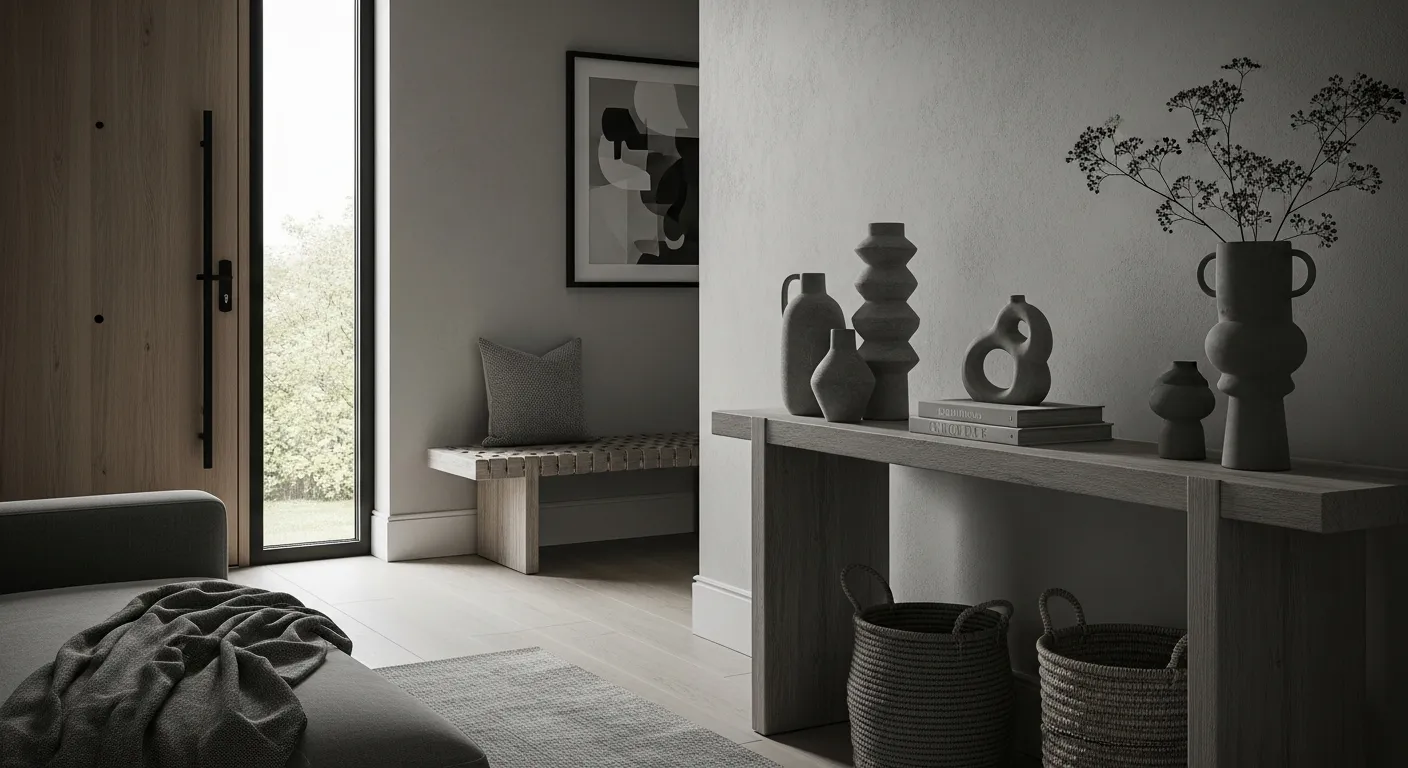 Monochromatic color palette in a minimalist gray entryway design