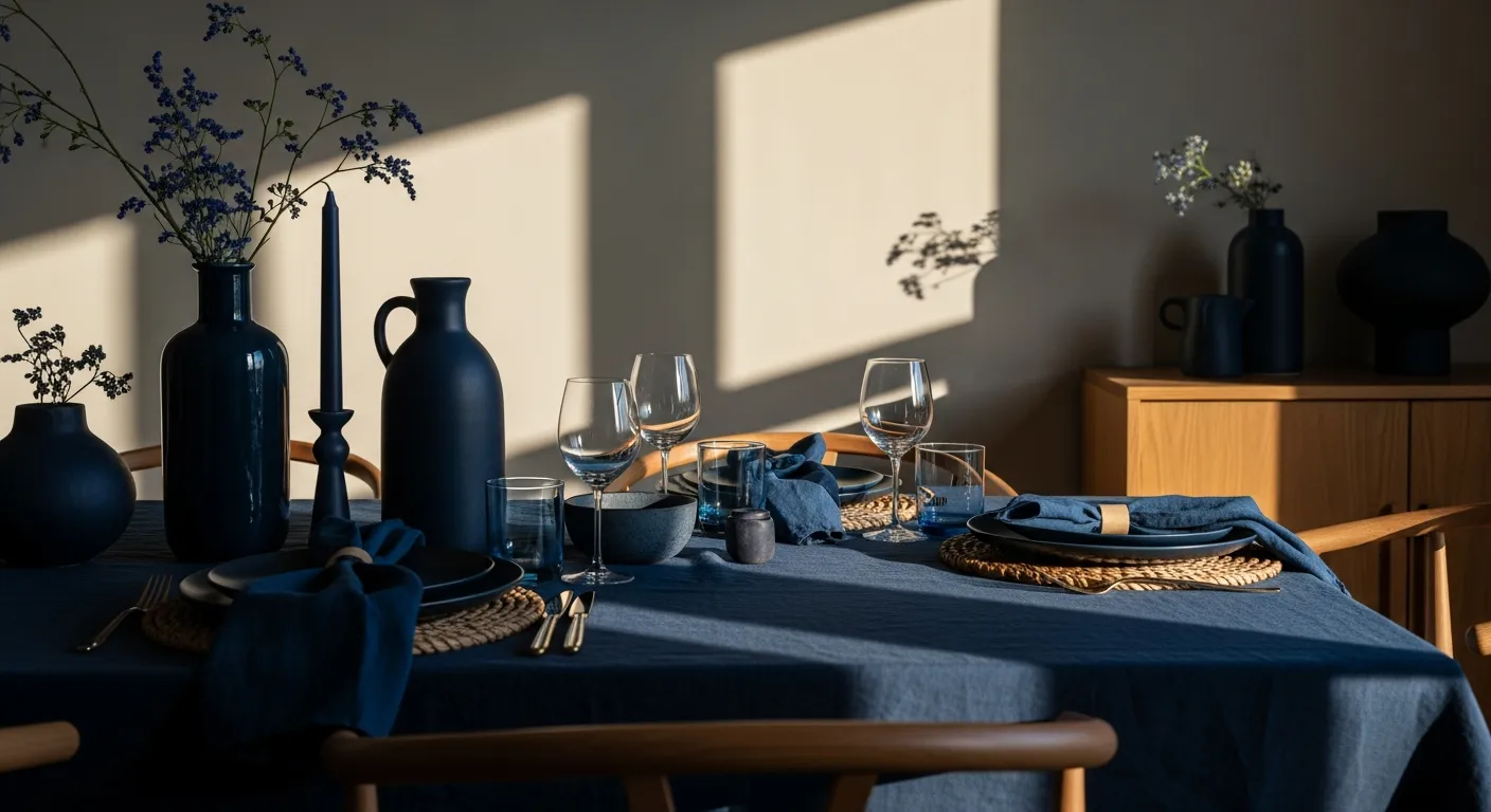 Color palette showing navy blue walls paired with light wood furniture for minimalist dining room ideas