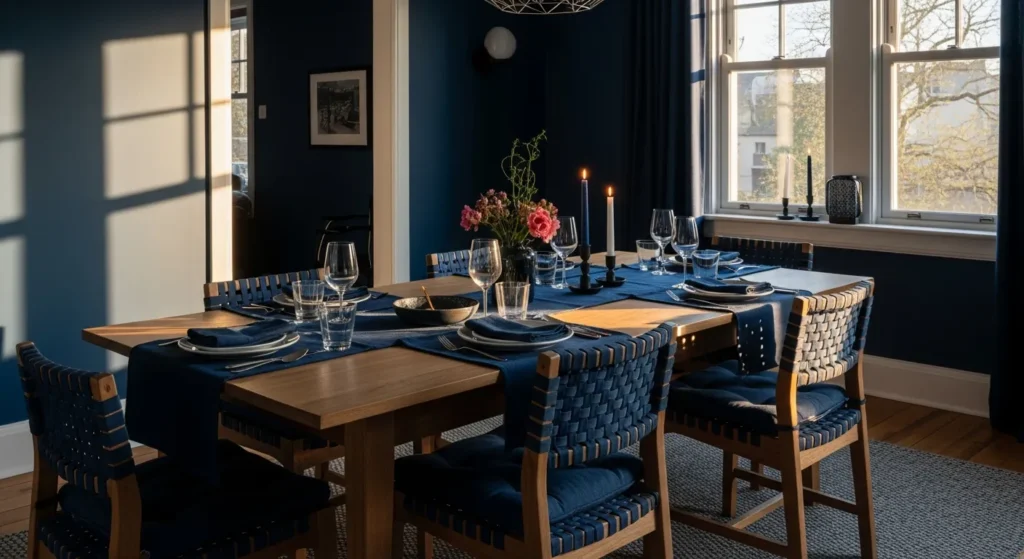 Sleek minimalist dining room featuring deep navy blue walls and contemporary furniture