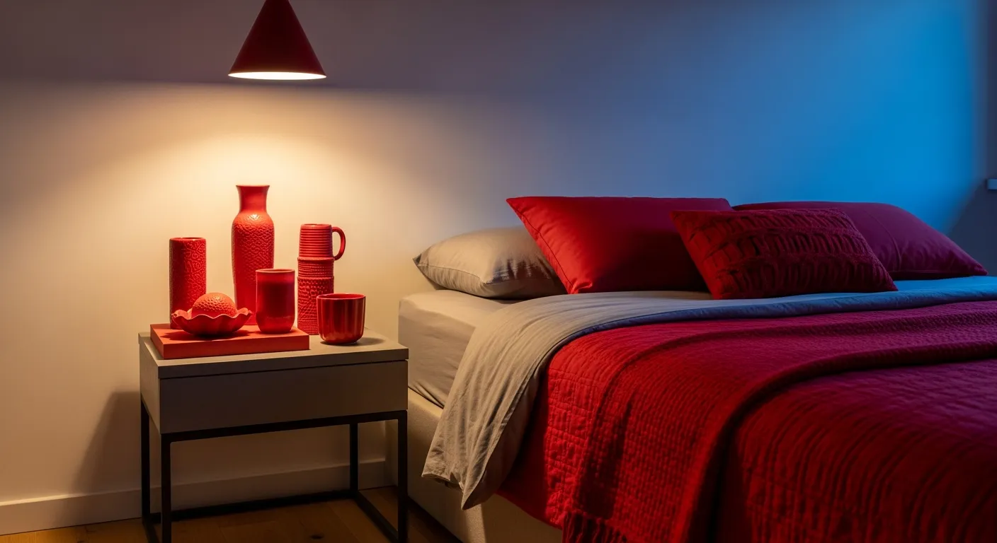 White and red color palette for minimalist bedroom decor with crimson bedding