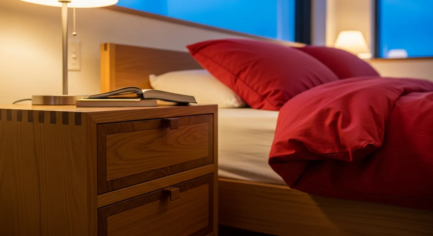 Low profile modern furniture in a red minimalist bedroom design