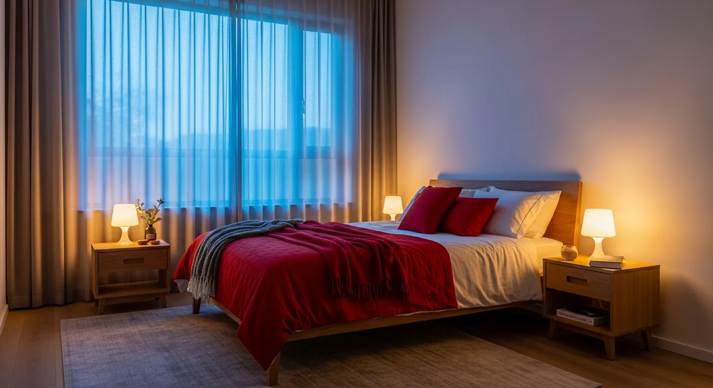Modern minimalist bedroom with sophisticated red decor elements