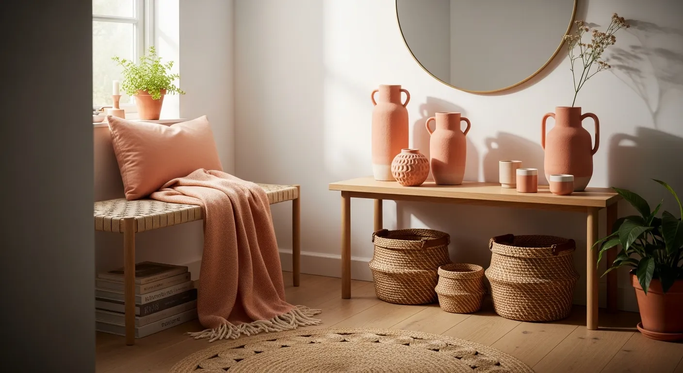 Color palette inspiration for Scandi Entryway ideas showing light wood and peach accents