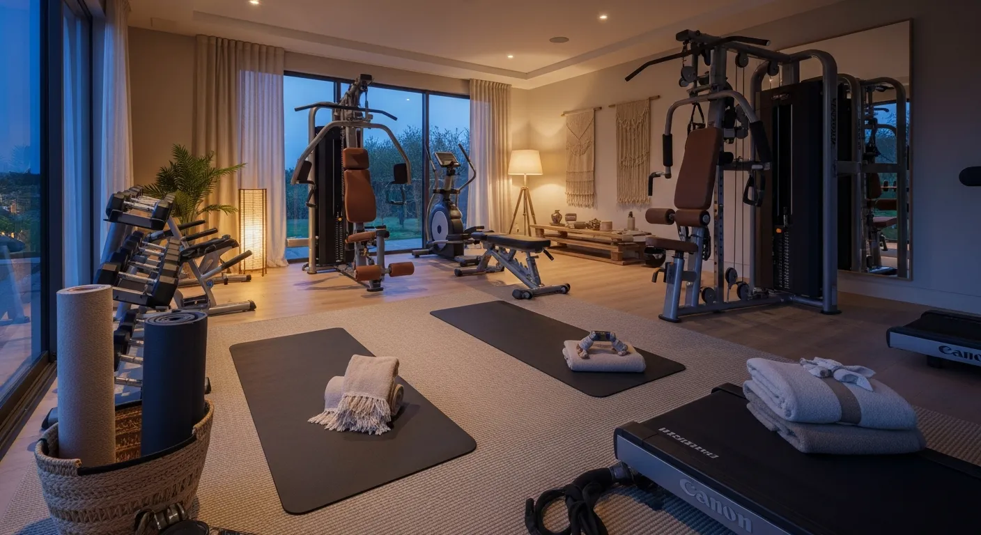 Recreating Modern Home Gym ideas with large mirrors and beige walls