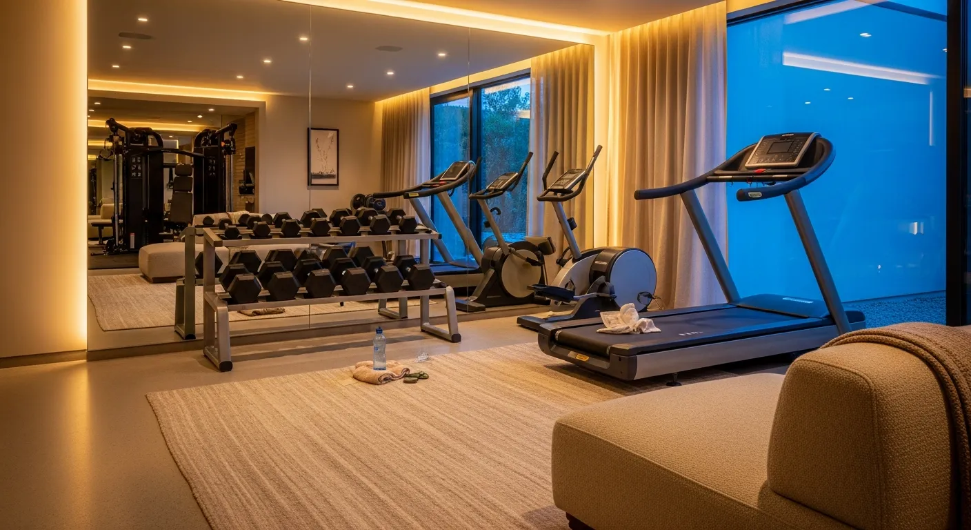 Finished Modern Home Gym ideas showcasing beige design and fitness equipment