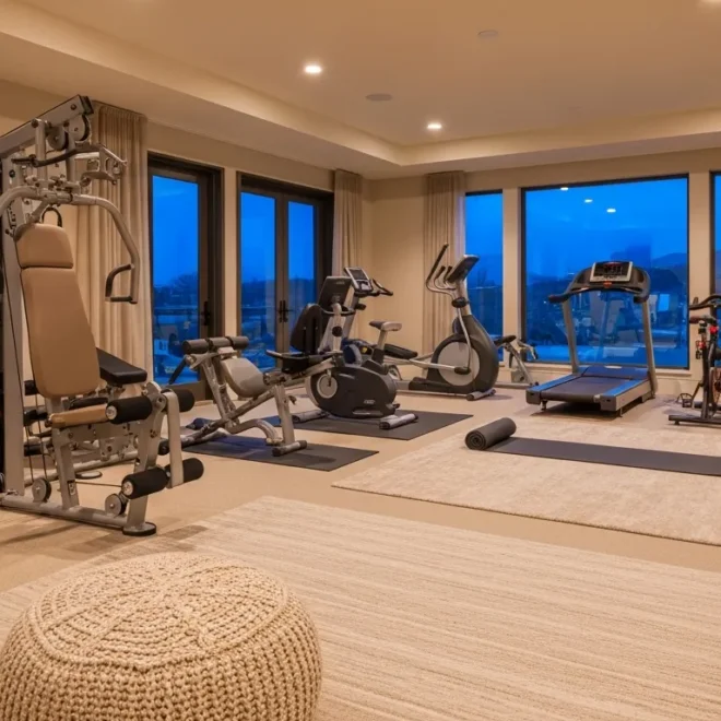 Minimalist modern home gym with sleek equipment and warm beige monochromatic decor