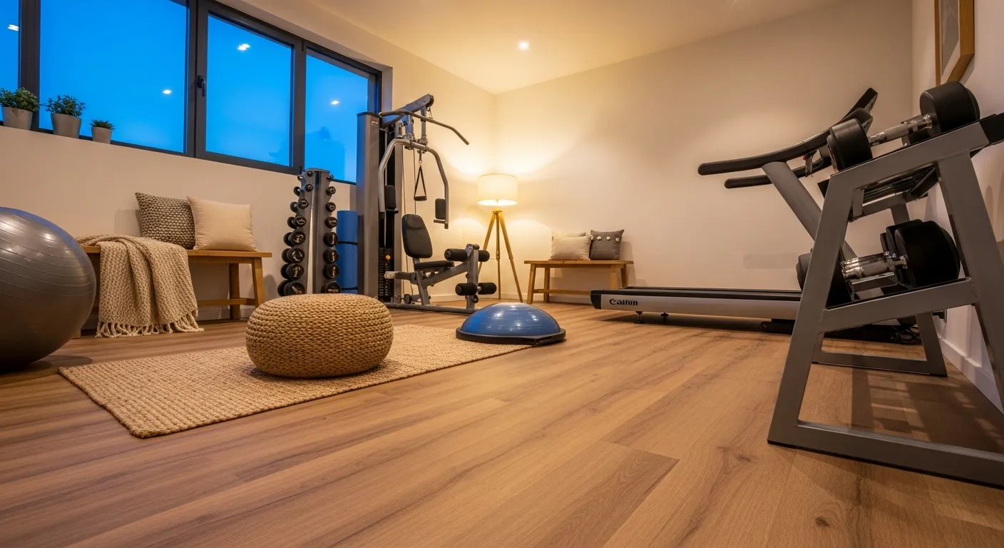 Modern Home Gym ideas utilizing natural light and soft beige color schemes