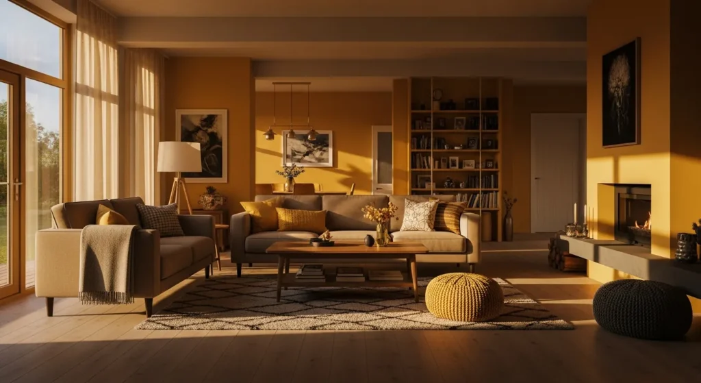 Modern living room featuring soft butter yellow walls and sleek neutral furniture