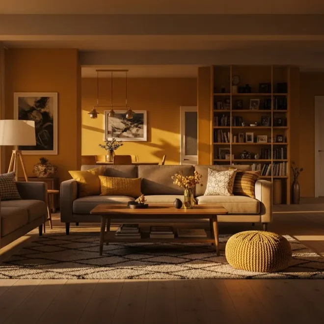 Modern living room featuring soft butter yellow walls and sleek neutral furniture
