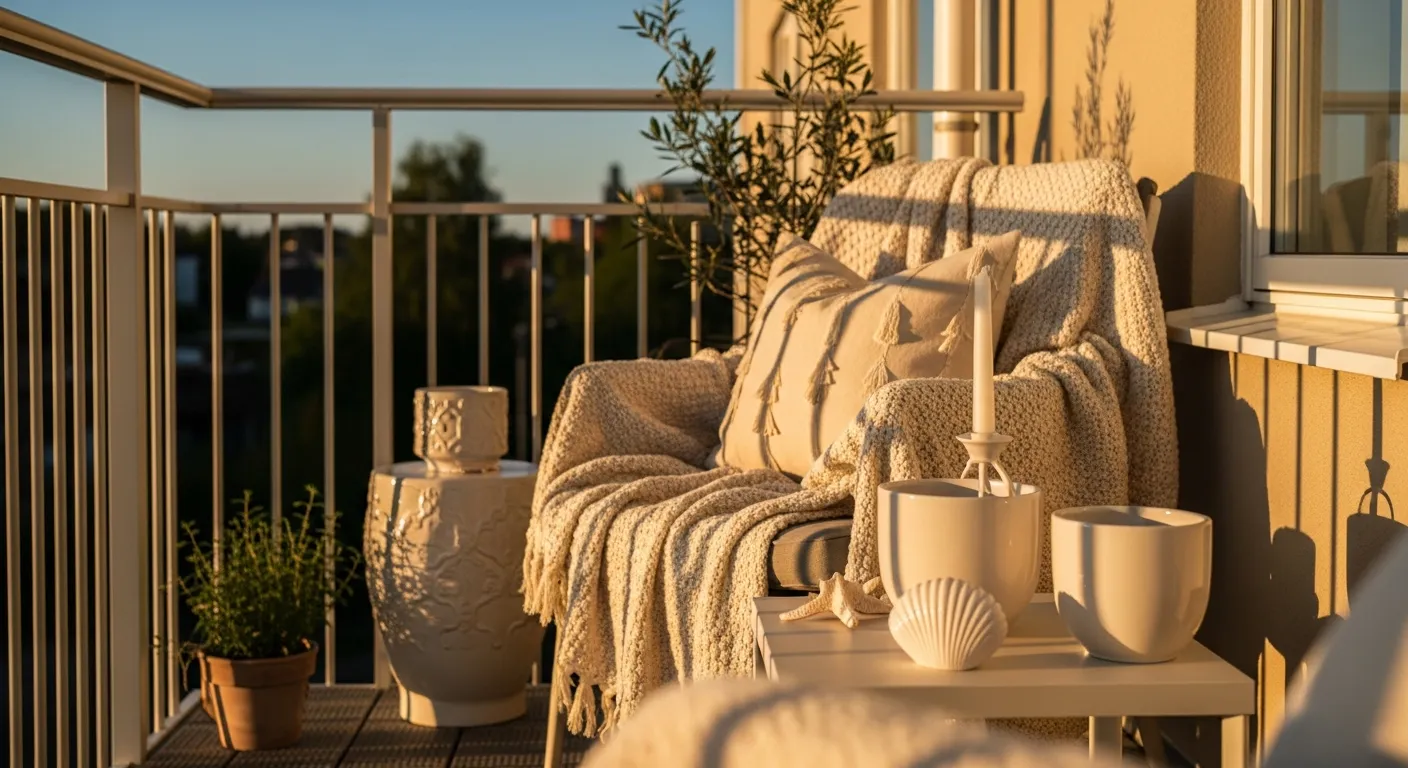 Close up of textile textures emphasizing Modern Outdoor Balcony ideas in soft cream