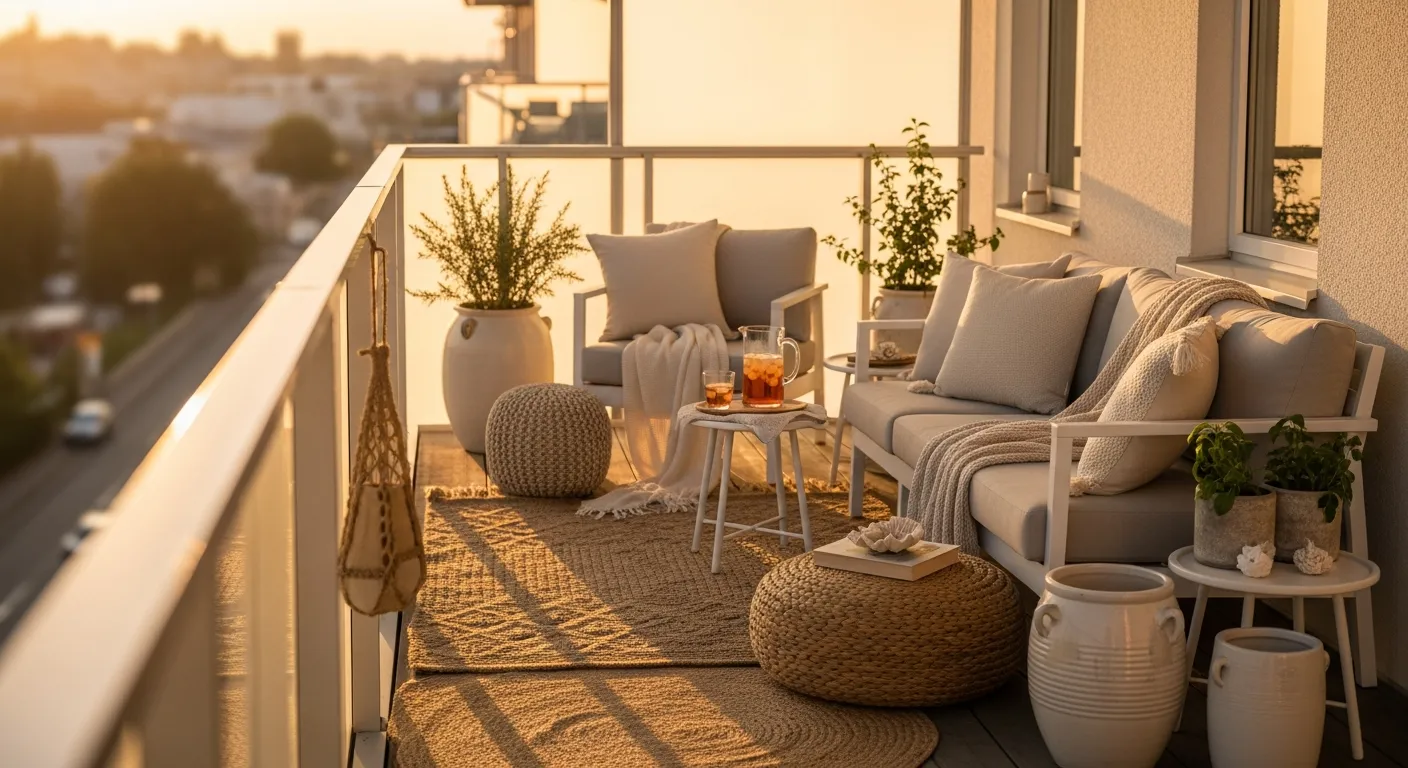 Morning light hitting cream furniture in Modern Outdoor Balcony ideas setup
