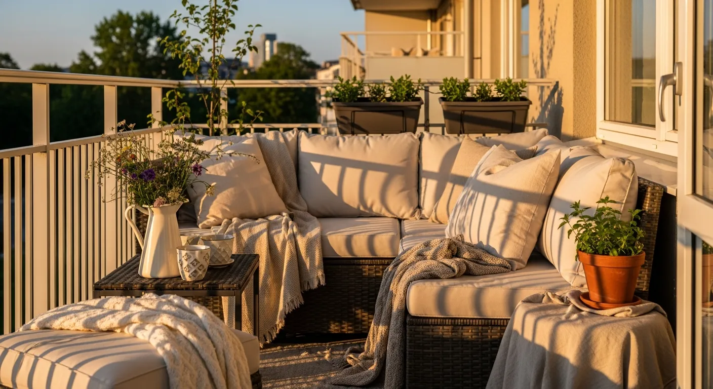 Soft lighting and cream decor illustrating styling for Modern Outdoor Balcony ideas