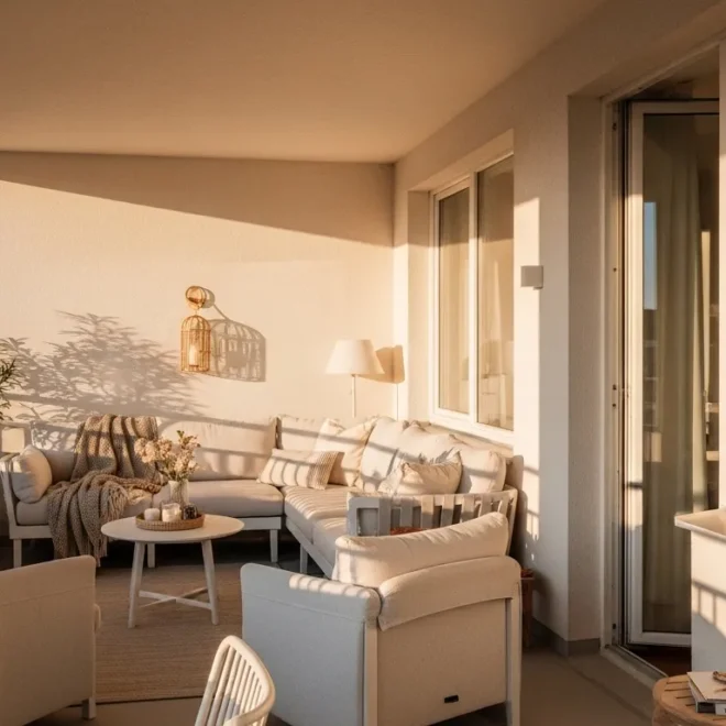 Modern balcony featuring cream lounge furniture and minimalist decor under bright sunlight