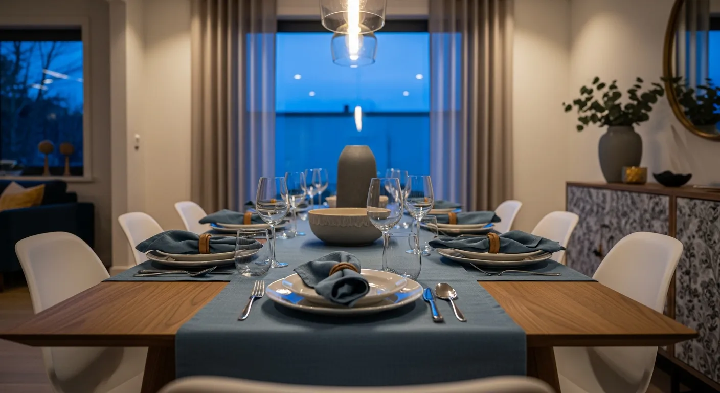 Small space Modern Dining Room ideas using dusty blue to expand the room visually