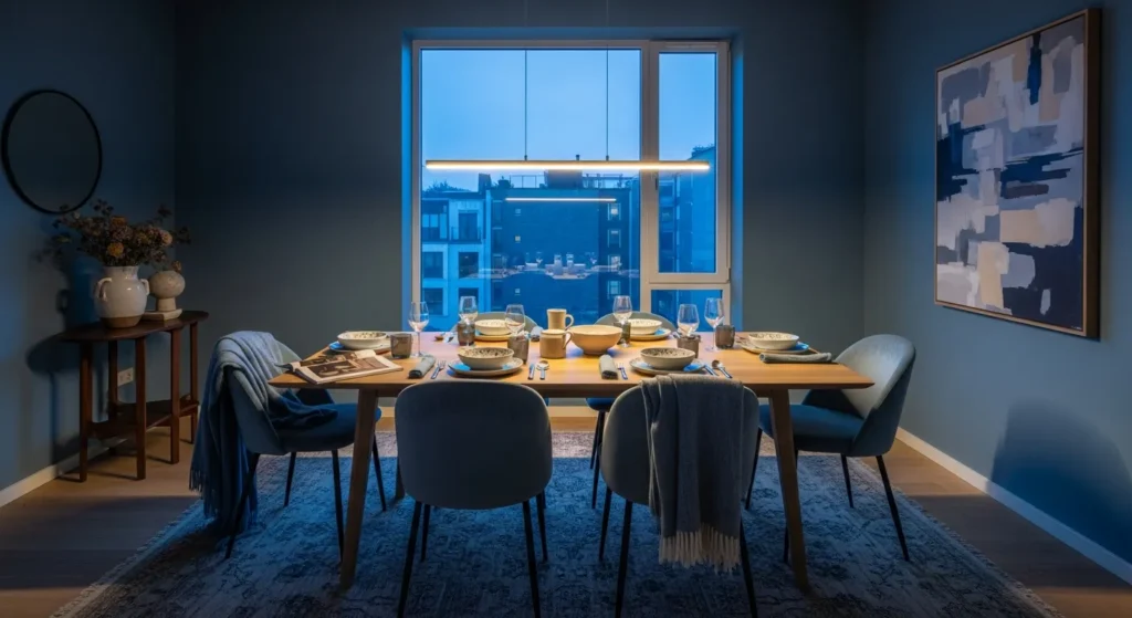 Modern dining room featuring dusty blue walls and sleek contemporary furniture