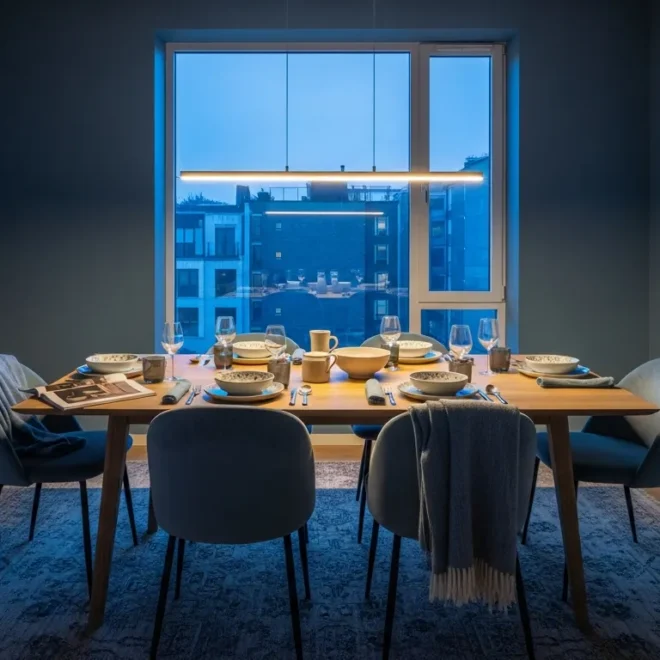 Modern dining room featuring dusty blue walls and sleek contemporary furniture