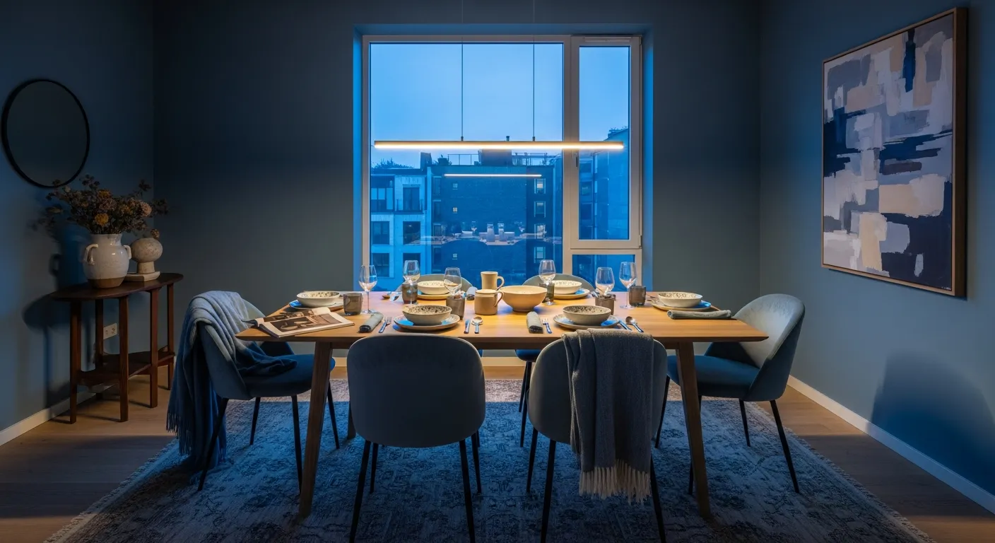 Modern Dining Room ideas featuring calm dusty blue walls #6B8E9E and minimalist decor