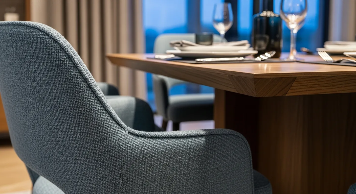 Modern Dining Room ideas showcasing dusty blue upholstered chairs and warm wood table