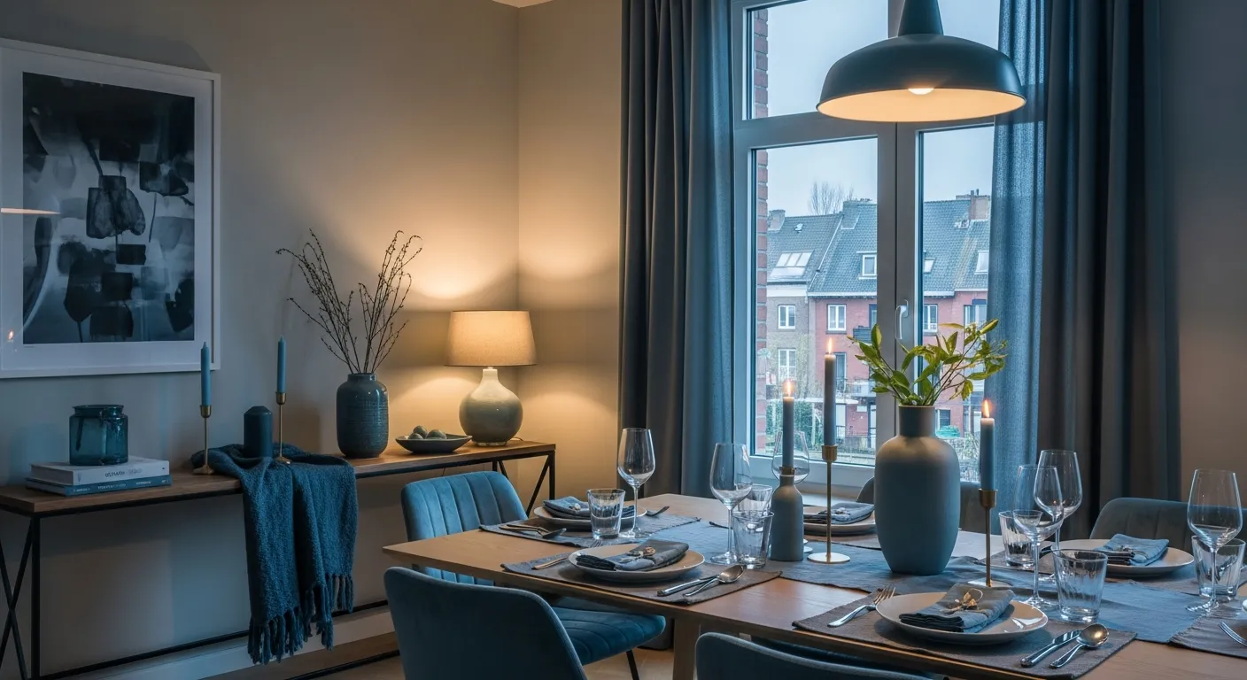 Color palette inspiration for Modern Dining Room ideas with blue walls and wood accents