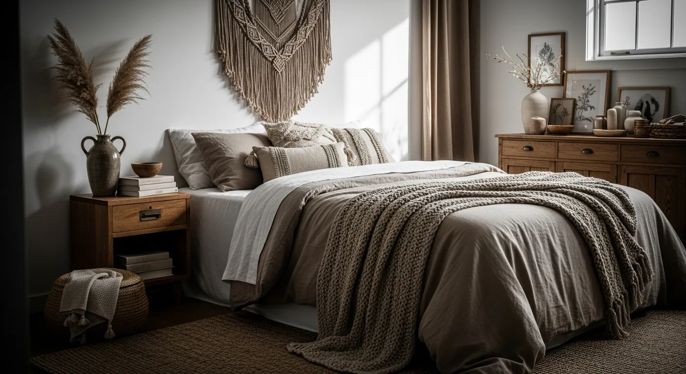 Monochromatic taupe color scheme for cozy bohemian bedroom ideas