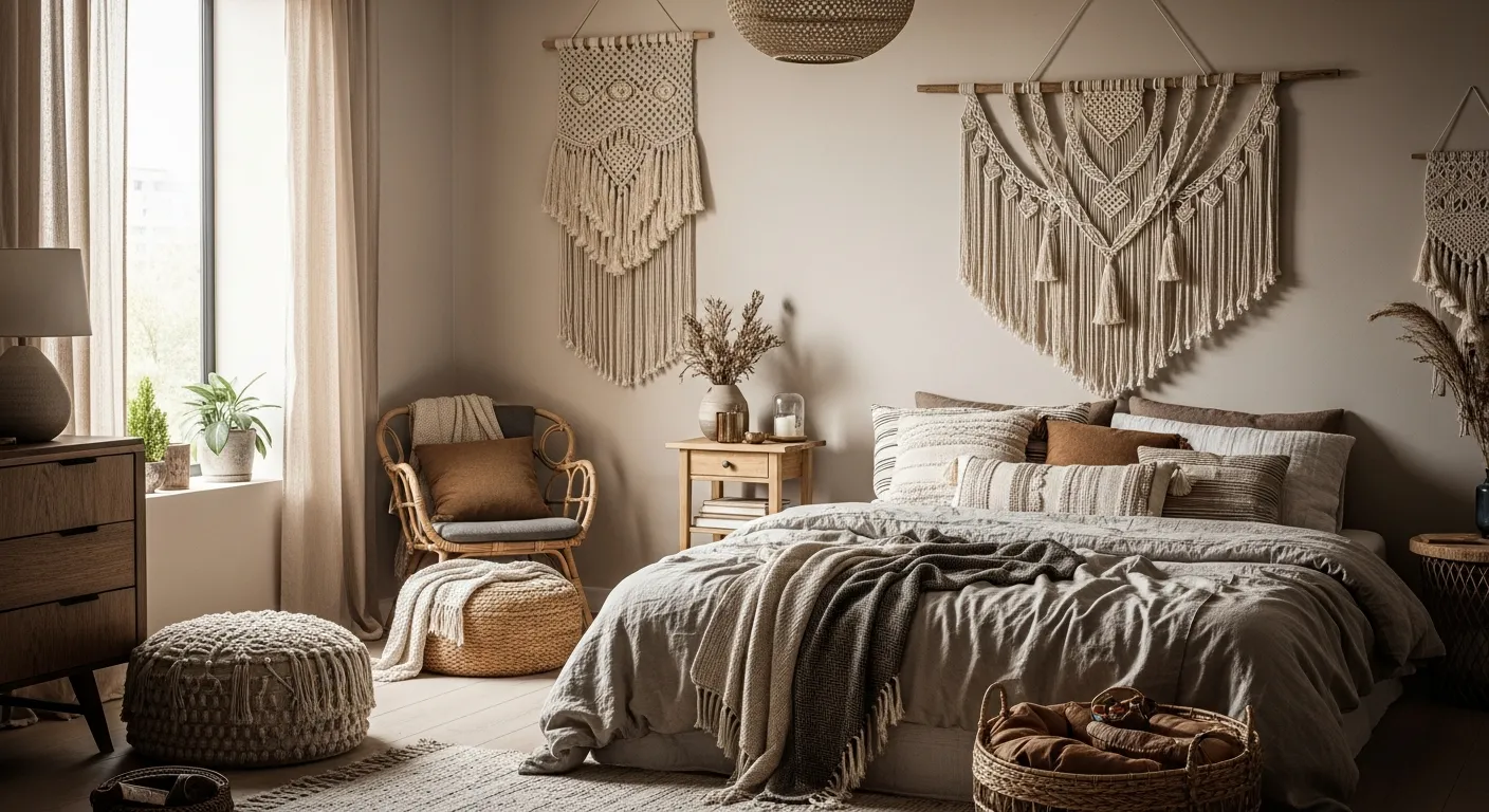 Styling tips for bohemian bedroom ideas using layered textiles and pampas grass