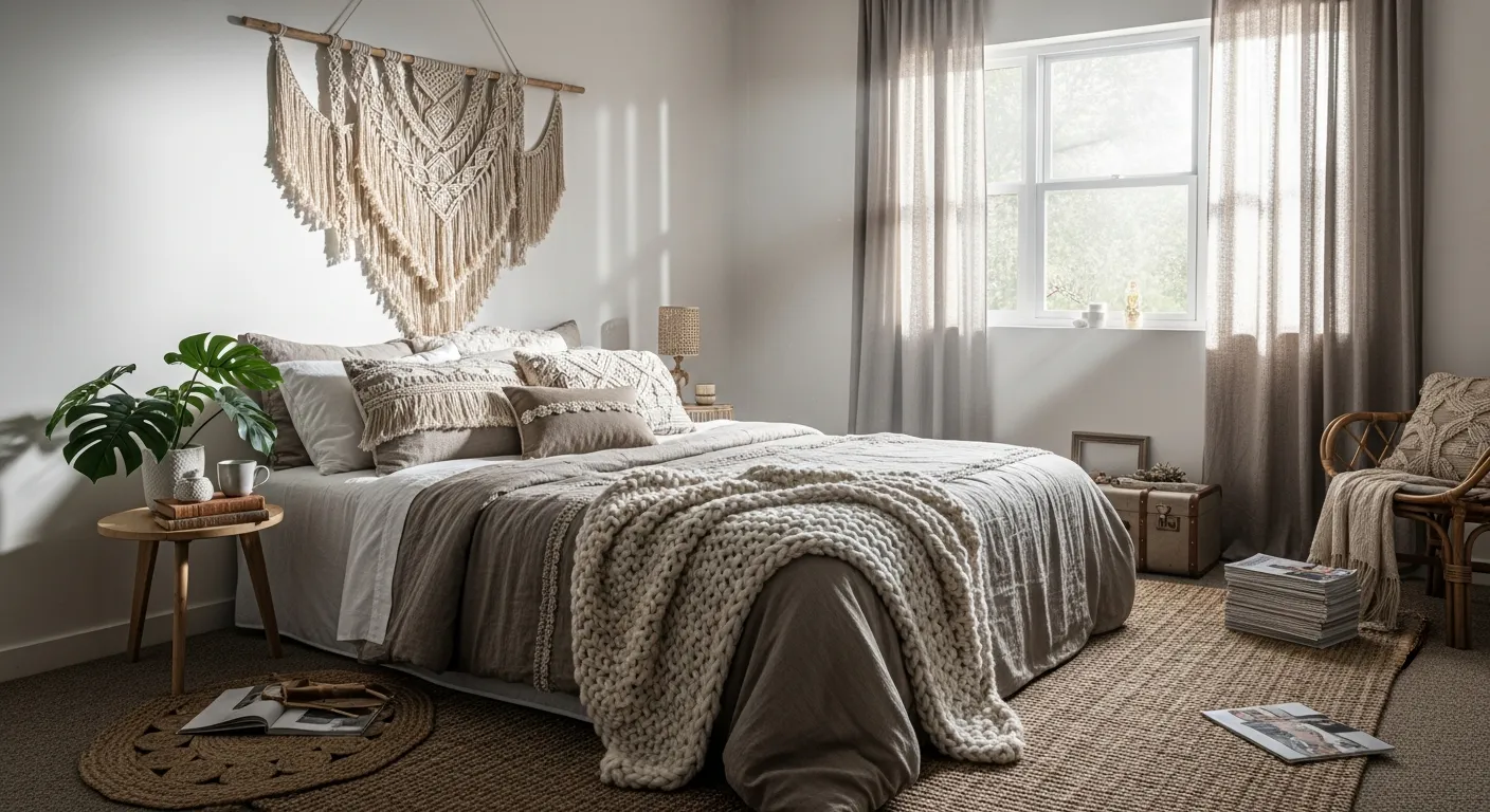 Detailed texture view of boho bedroom decor and wall treatments