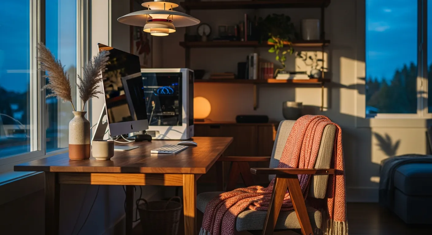 Modern Japandi Home Office ideas with textured rugs and coral decorative elements