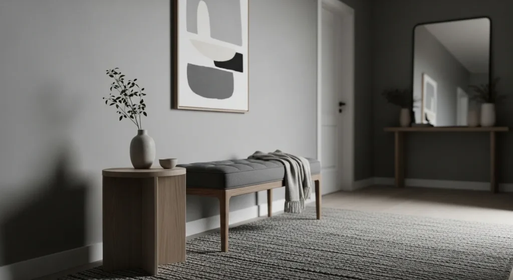 Sleek minimalist entryway featuring monochromatic gray walls and simple furniture