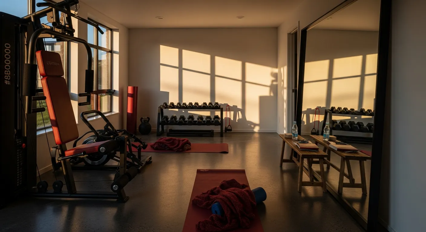 Small space minimalist home gym ideas with dark red paint