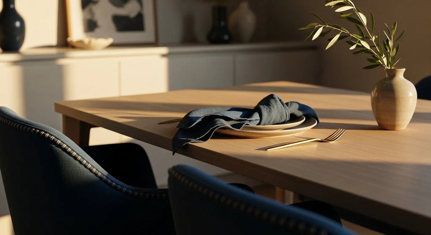 Minimalist dining room ideas with light wood table contrasting against navy blue walls