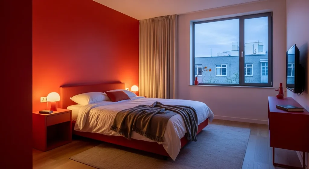 Minimalist bedroom featuring a bold red accent wall and sleek modern furniture