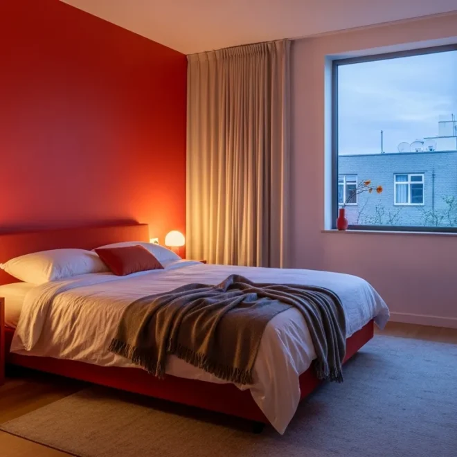 Minimalist bedroom featuring a bold red accent wall and sleek modern furniture
